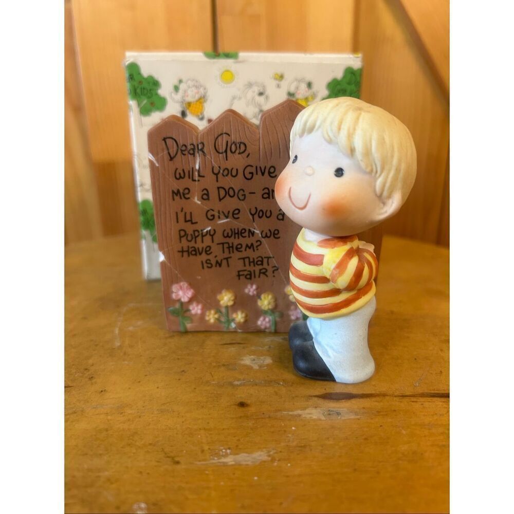 Vintage ENESCO DEAR GOD KIDS Please Have A Puppy 1982 Boy FIGURINE (5504) Read